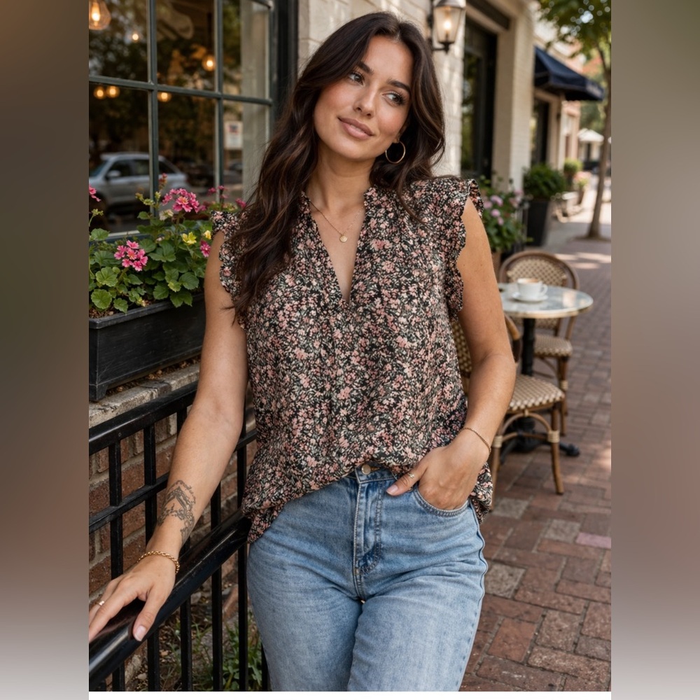BB Dakota Black Floral Ruffle-Sleeve V-Neck Top